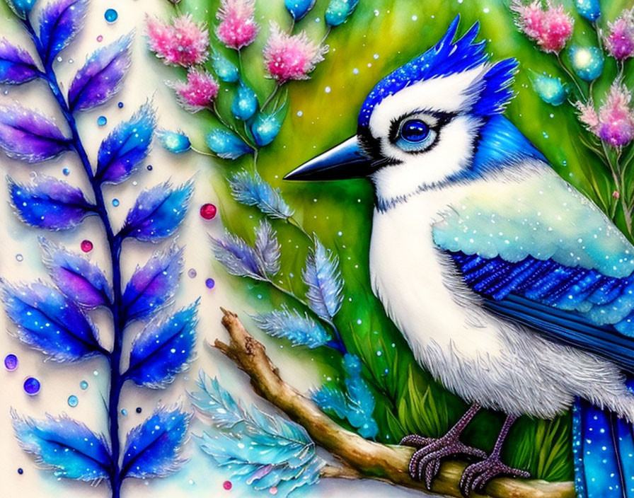 Vibrant whimsical blue jay in colorful flora setting