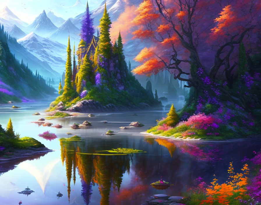 Scenic landscape: colorful trees, lake, mountains, purple sky