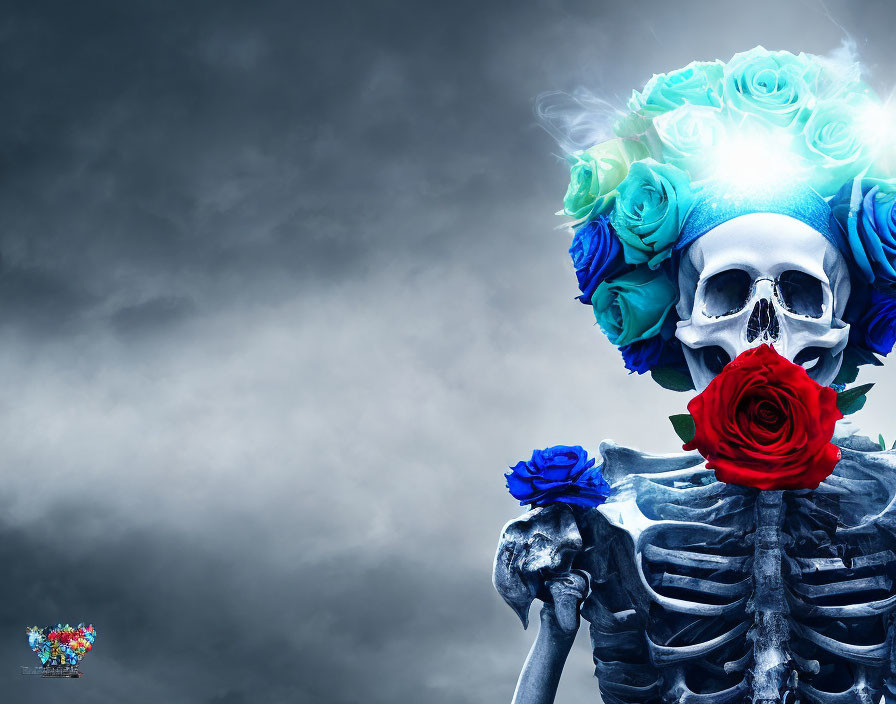 Skeletal figure with blue rose crown and red rose on stormy sky background