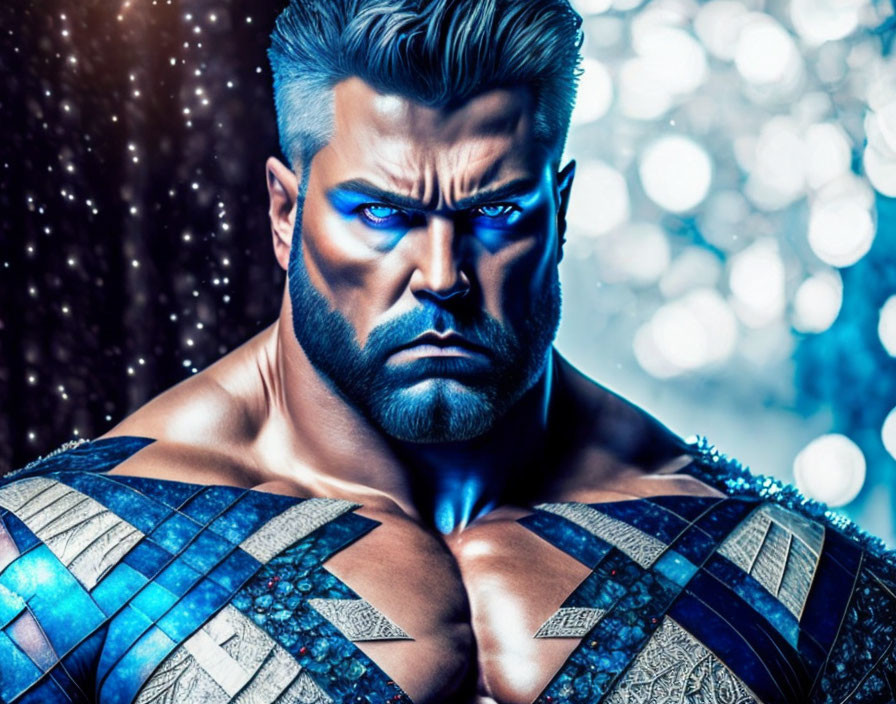 Bearded man in patterned armor with glowing blue eyes on sparkly blue background