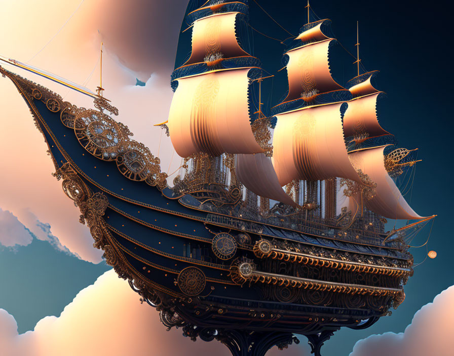 Elaborate Fantasy Airship Floating in Serene Sky