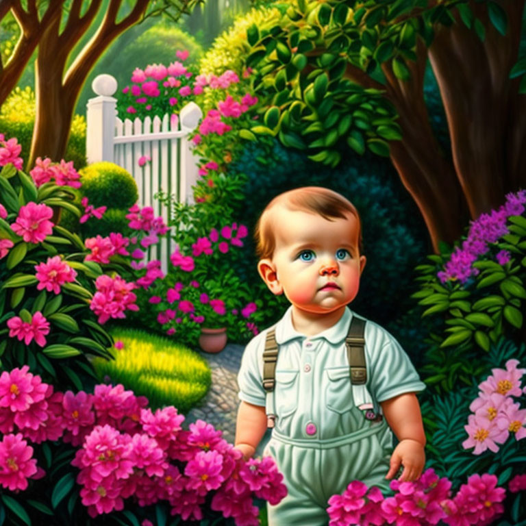 Toddler in overalls surrounded by pink flowers in lush garden