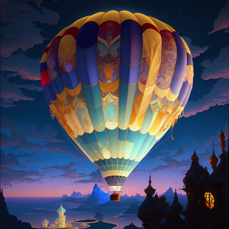 Colorful hot air balloon over exotic city at twilight