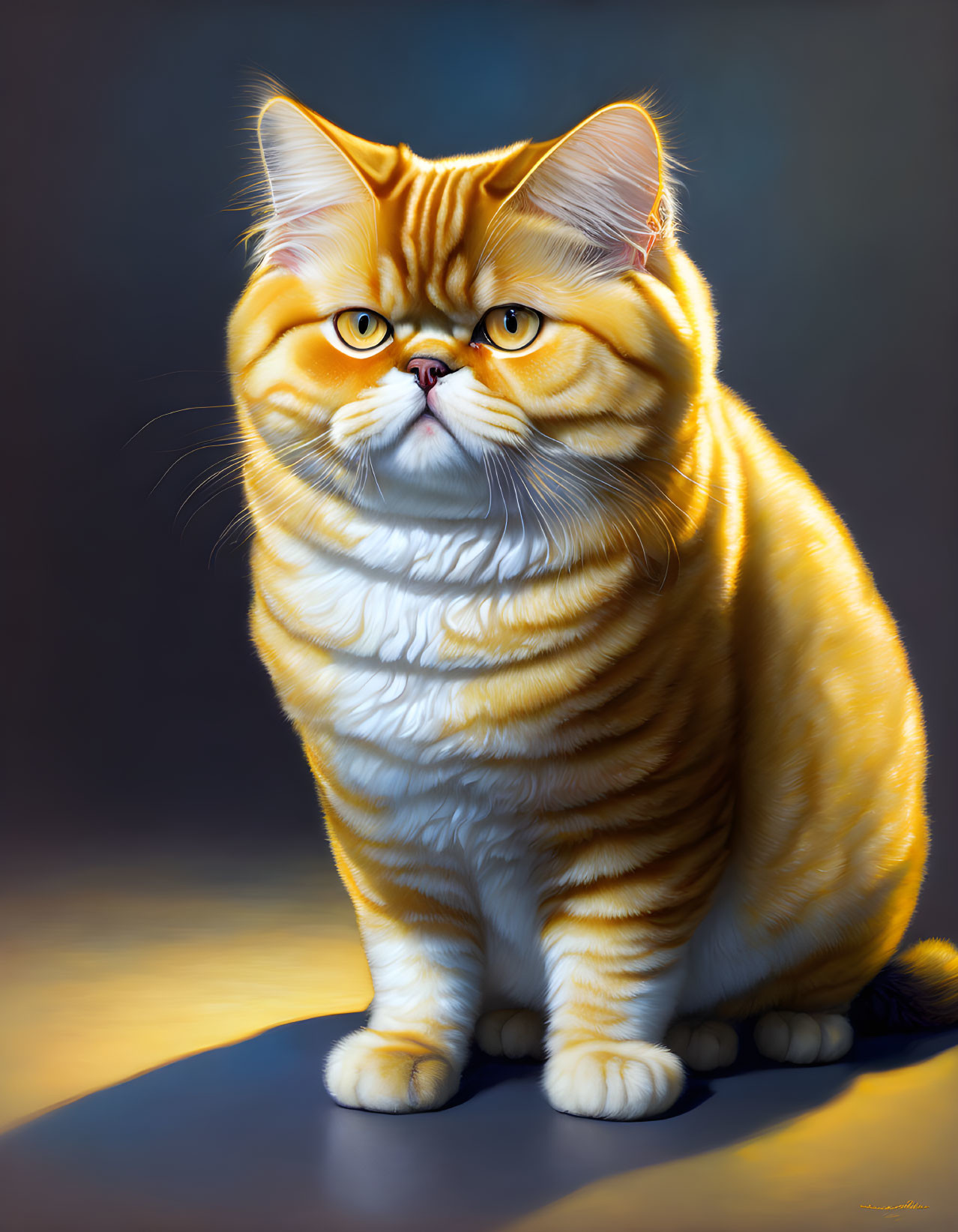 Fluffy orange and white striped cat with large round eyes sitting against a dark background