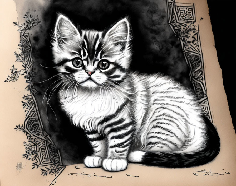 Monochromatic fluffy kitten illustration with stripes and ornate patterns