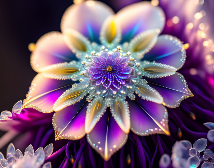 Vibrant purple and white digital flower with dewdrops on dark background