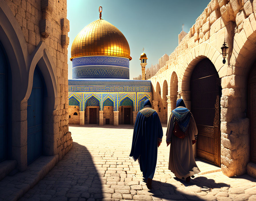 Traditional clothing individuals walk to Dome of the Rock in Middle Eastern alley