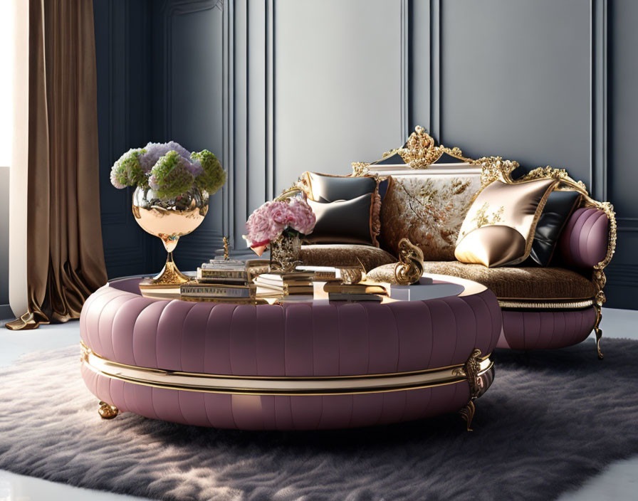 Elegant Living Room with Purple Oval Sofa & Gold Accents