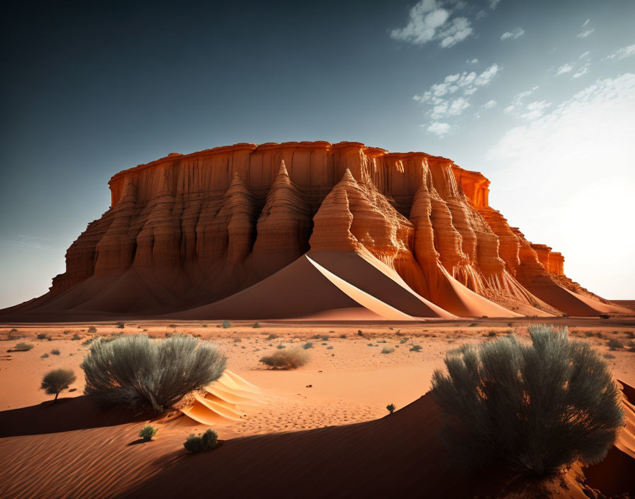 Scenic desert landscape with layered rocks and sand dunes