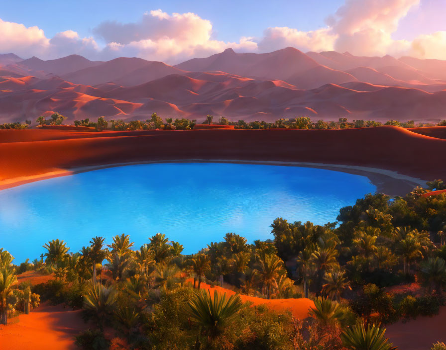 Tranquil Blue Lake Oasis with Palm Trees and Sand Dunes