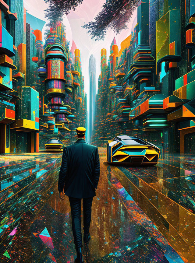 Man in suit gazes at futuristic cityscape with skyscrapers.