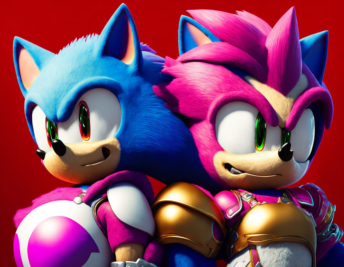 Blue and pink animated hedgehogs back-to-back on red background