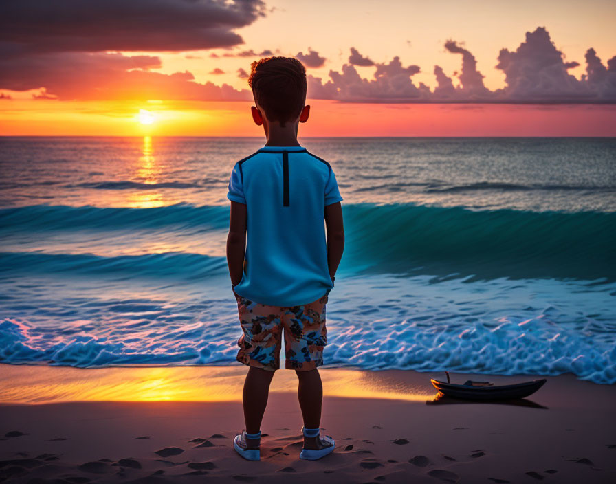 Young boy on beach at sunset with surfboard and colorful sky.