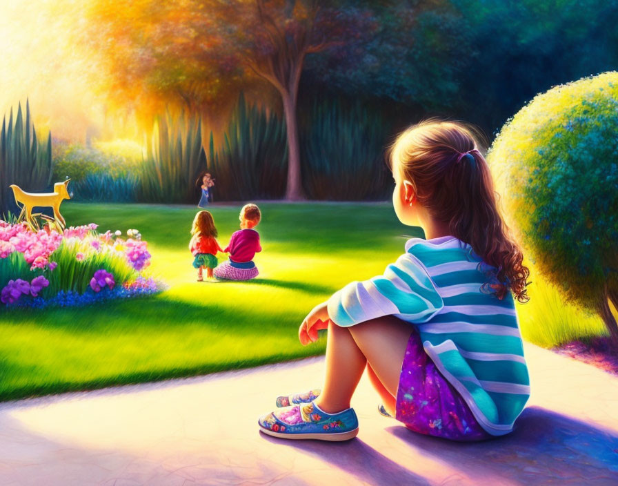 Vibrant garden scene with young girl watching children play