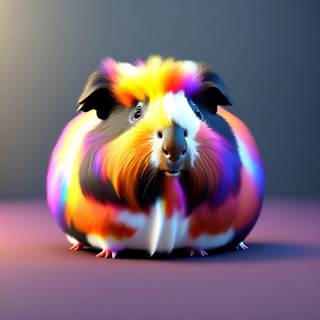 Vibrant Orange, Black, and White Fluffy Guinea Pig on Purple Surface