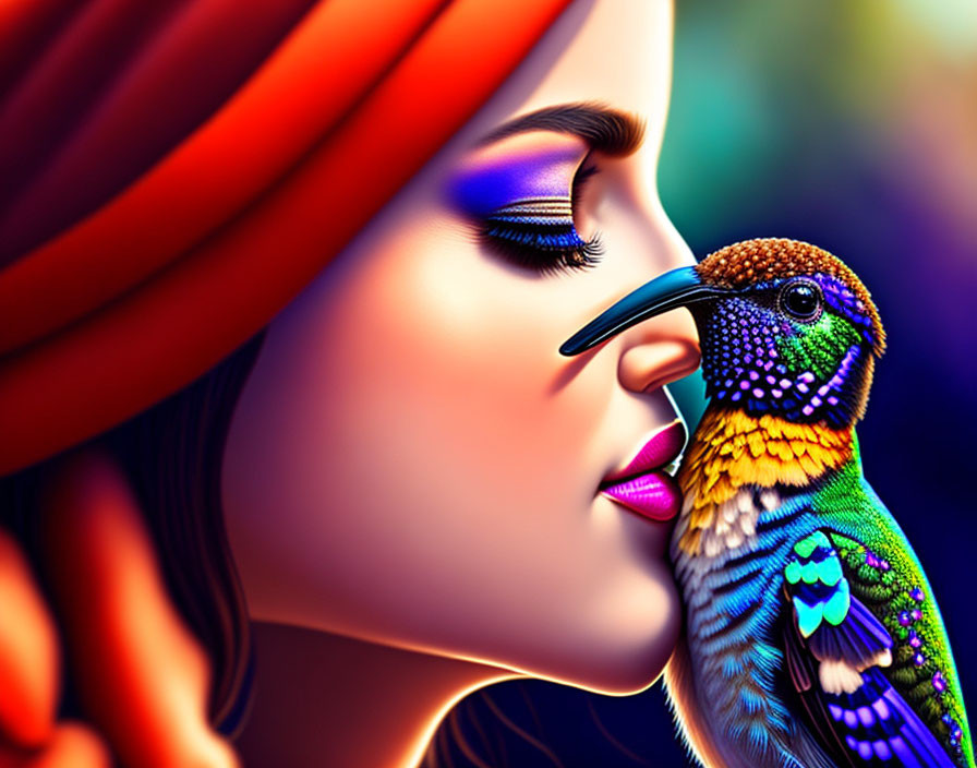 Colorful digital artwork: Woman in red turban with hummingbird, rich textures & hues