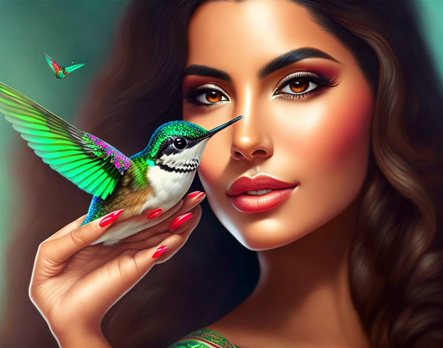 Vividly colored hummingbird with woman in striking makeup