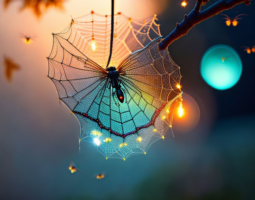 Vibrant dew-covered spider web with fireflies on bokeh background