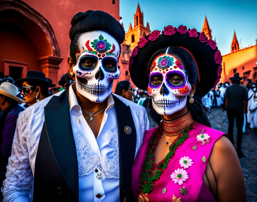 Colorful Skull Face Paint on Elegant Attire in Historic Setting