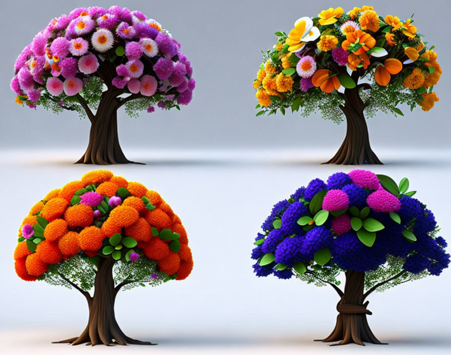 Whimsical trees with oversized flower leaves in unique colors