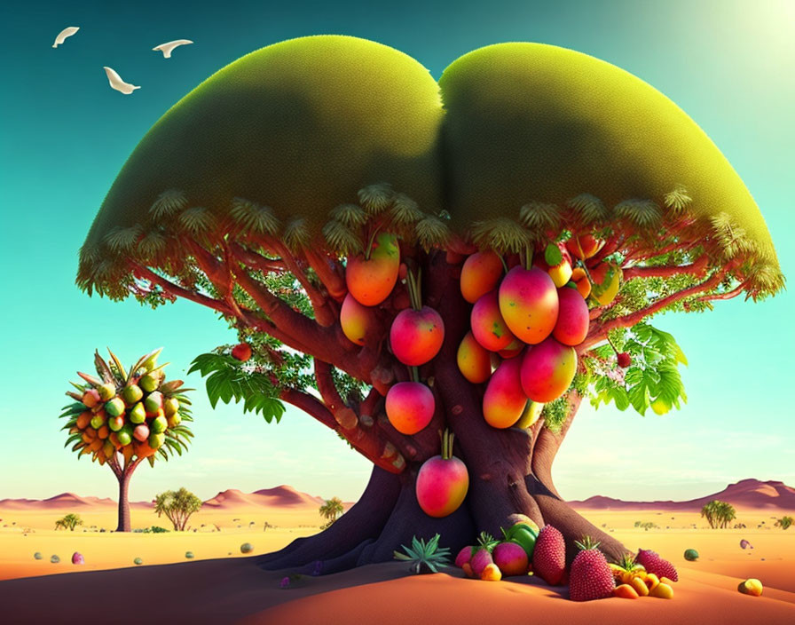 Surreal illustration: lush tree, oversized fruits, desert landscape, hills, cacti,