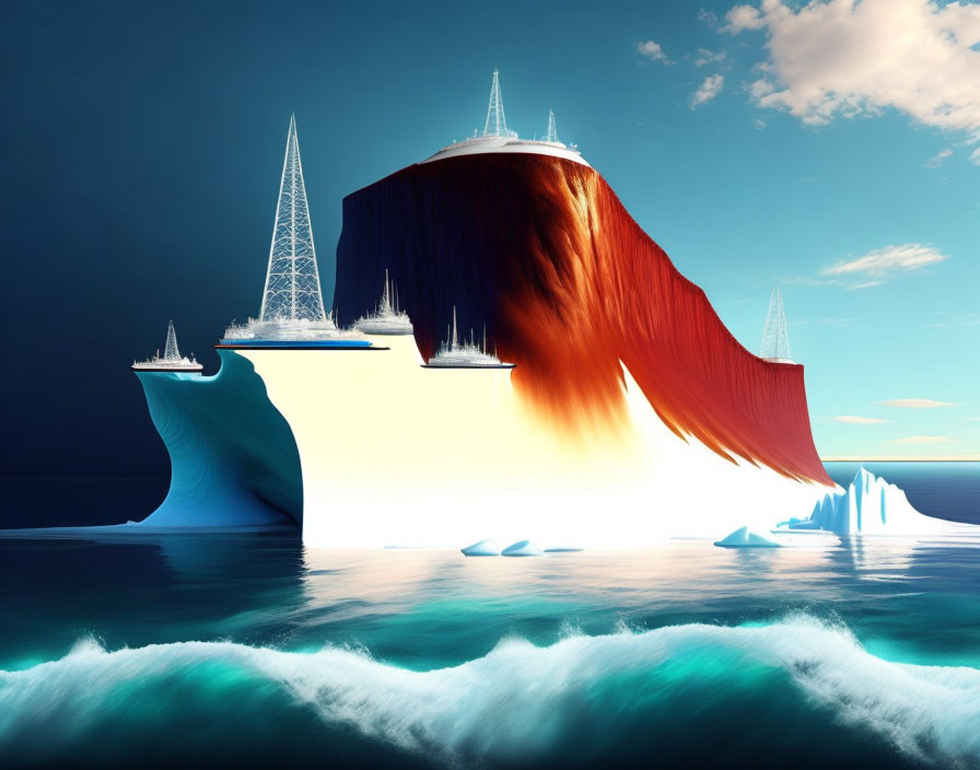 Surreal landscape: icebergs like paintbrushes under vibrant sunset.