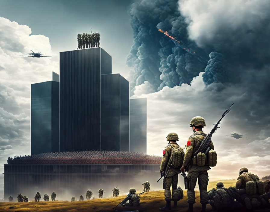 Military personnel watch skyscraper and volcano scene.