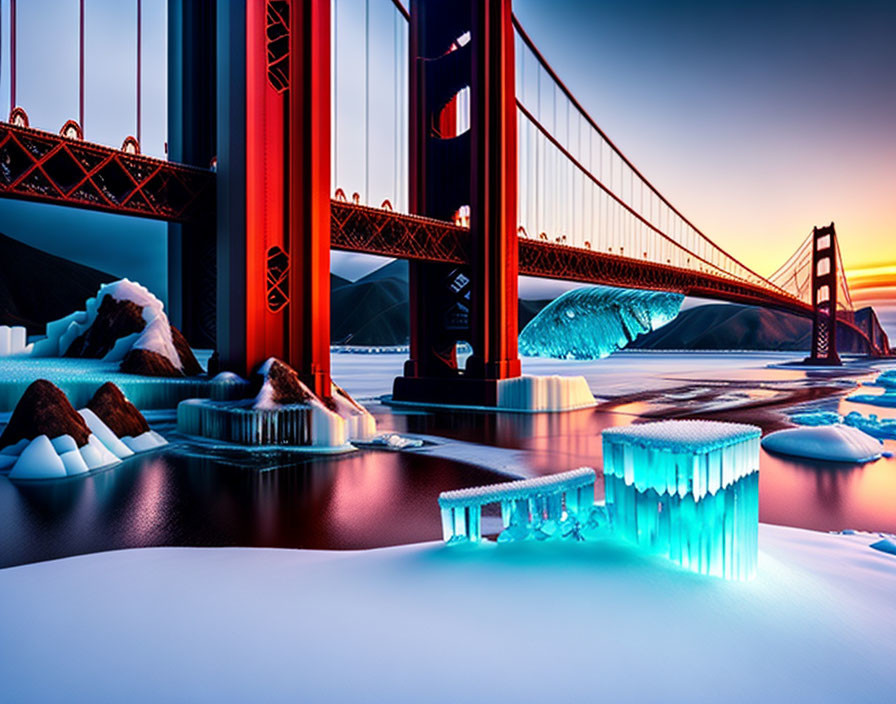 Surreal frozen landscape with icebergs and Golden Gate Bridge in vivid colors