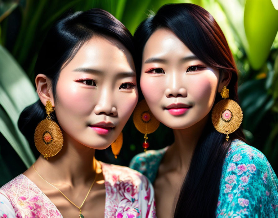 Twin Women in Matching Floral Earrings and Colorful Outfits