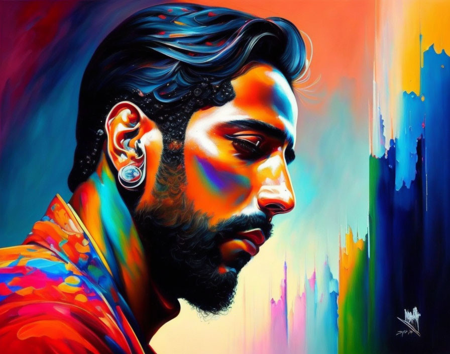 Colorful profile portrait of a bearded man with vibrant brush strokes.