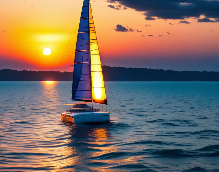 Sailboat on water at sunset with vivid orange sky