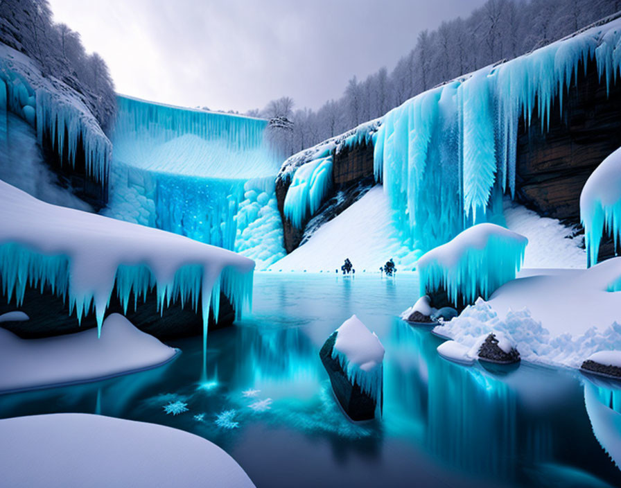 Frozen Waterfall and Blue Ice Formations in Winter Landscape