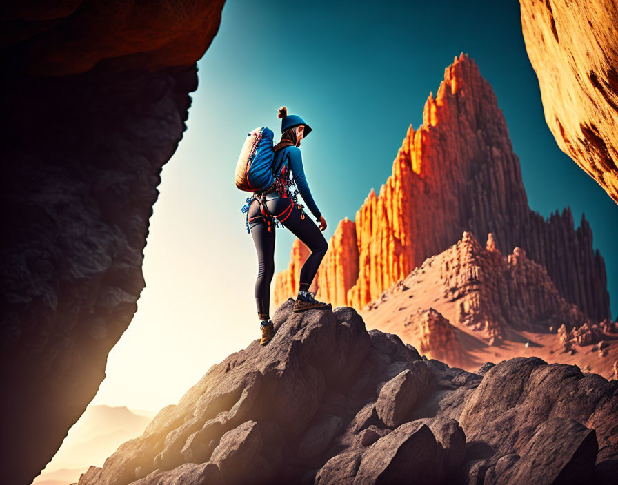 Climber with backpack admires orange rock formations and blue sky