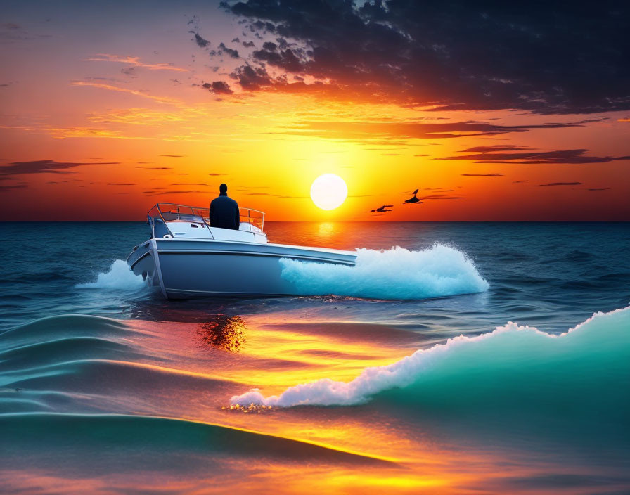 Boat sailing on ocean at sunset with shimmering waves and orange sky