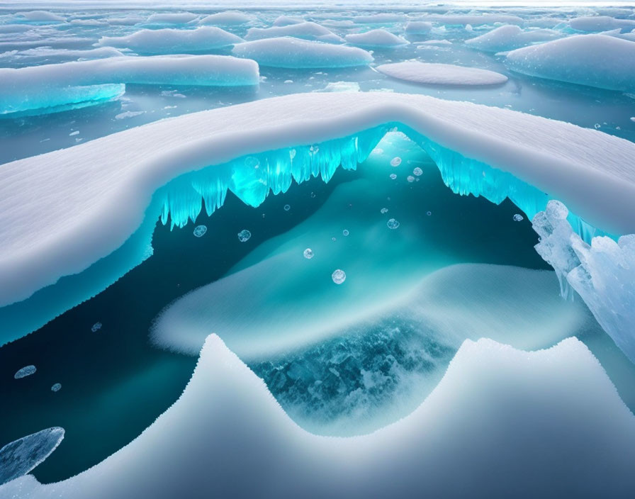 Iridescent blue icicles in ice cave over frozen water.