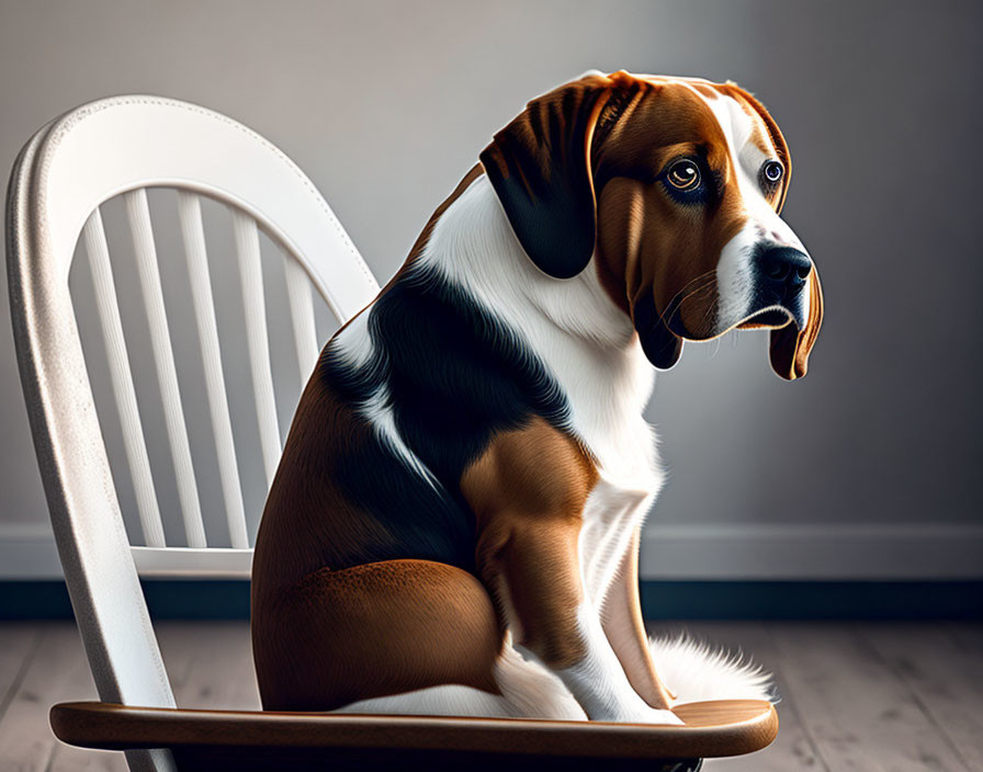 Tricolor Beagle Dog Sitting on Wooden Chair with Expressive Eyes