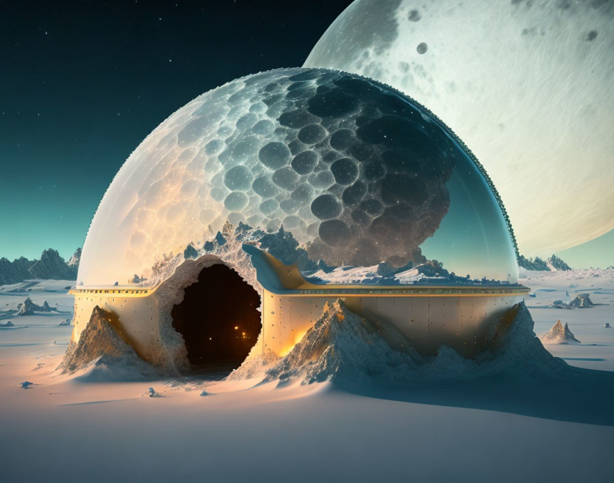 Futuristic dome structure in snowy landscape with cratered moon