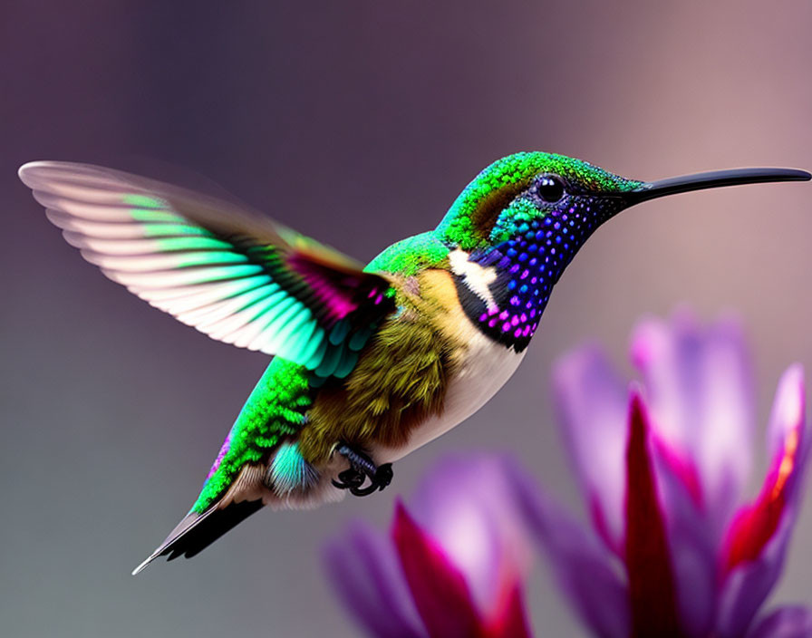 Colorful hummingbird near purple flowers with blurred wings