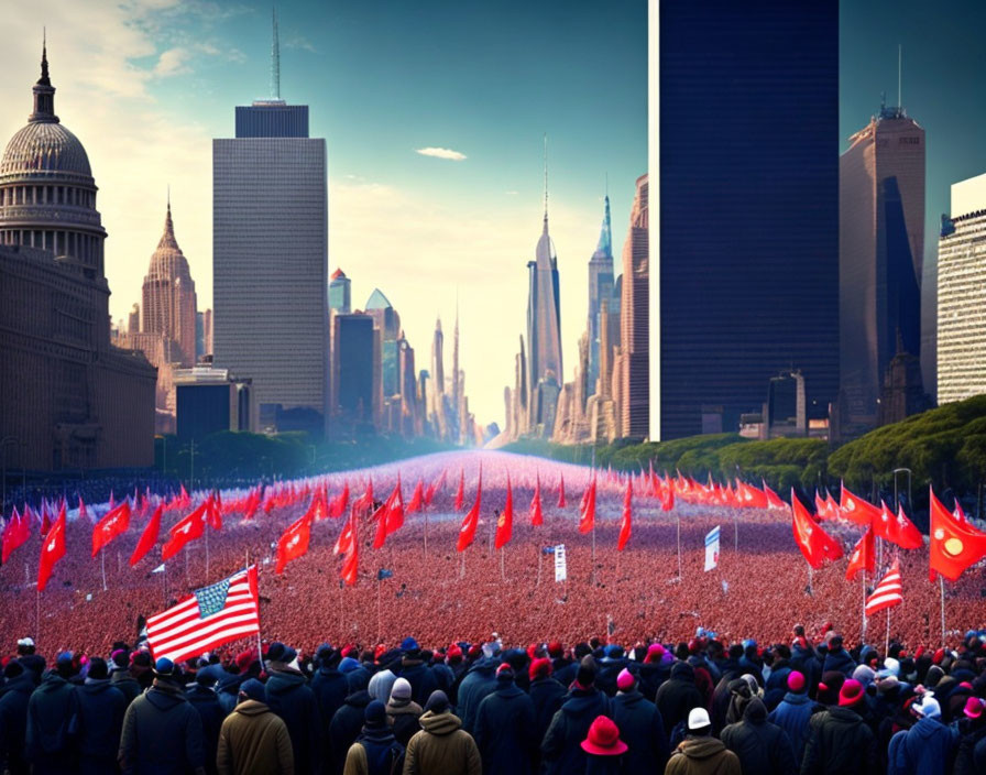 Large Crowd with Red Flags in City with Skyscrapers and Clear Sky