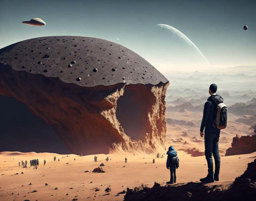 Person and child admire surreal desert landscape with celestial bodies and unique rock formations.