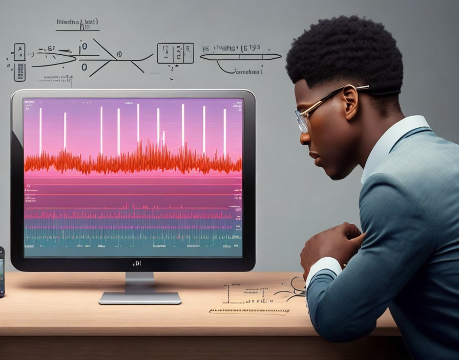 Person analyzing signal processing graph on computer screen with equations and diagrams.