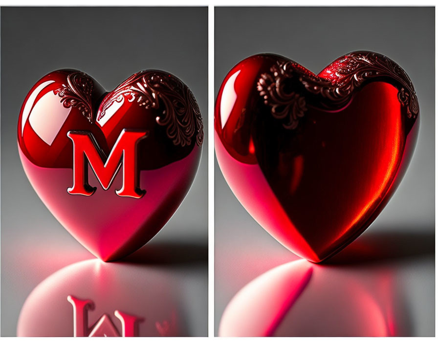 Glossy red heart with ornate details and reflected letter "M" under varying lighting