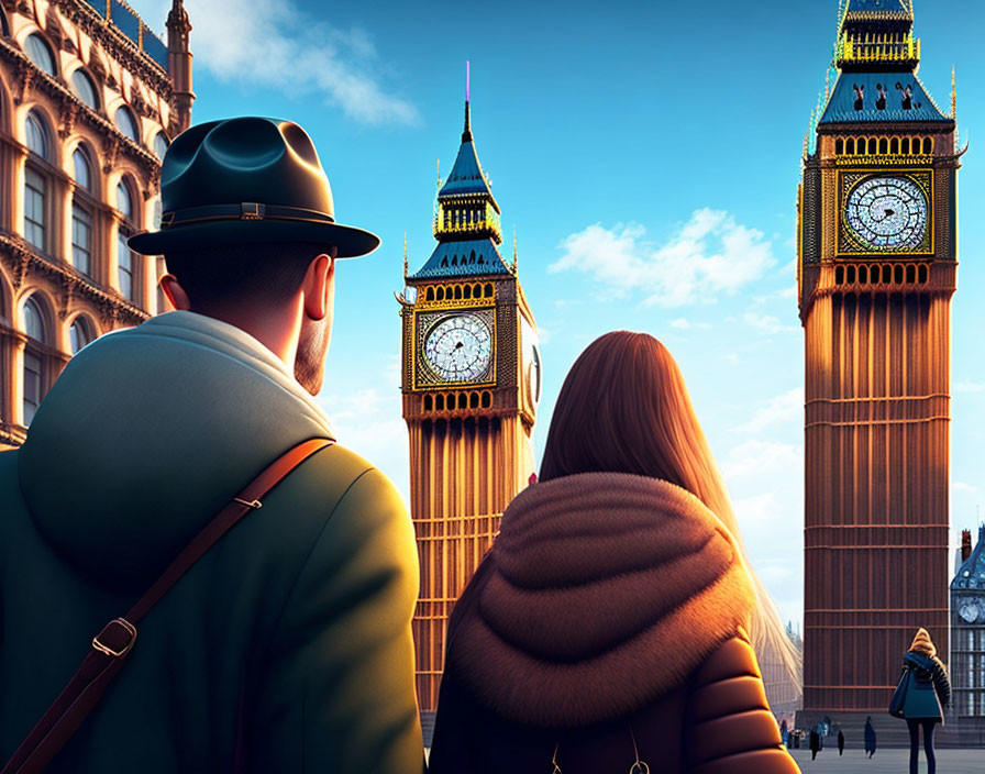 Couple admiring Big Ben tower at sunset in London