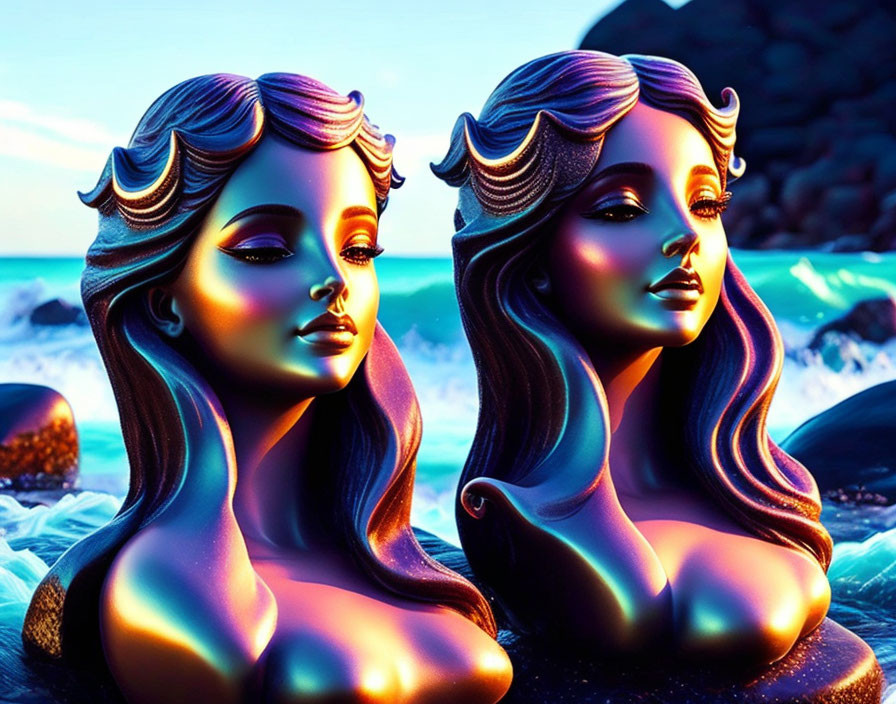 Vibrant metallic female busts with wavy hair against colorful beach scene