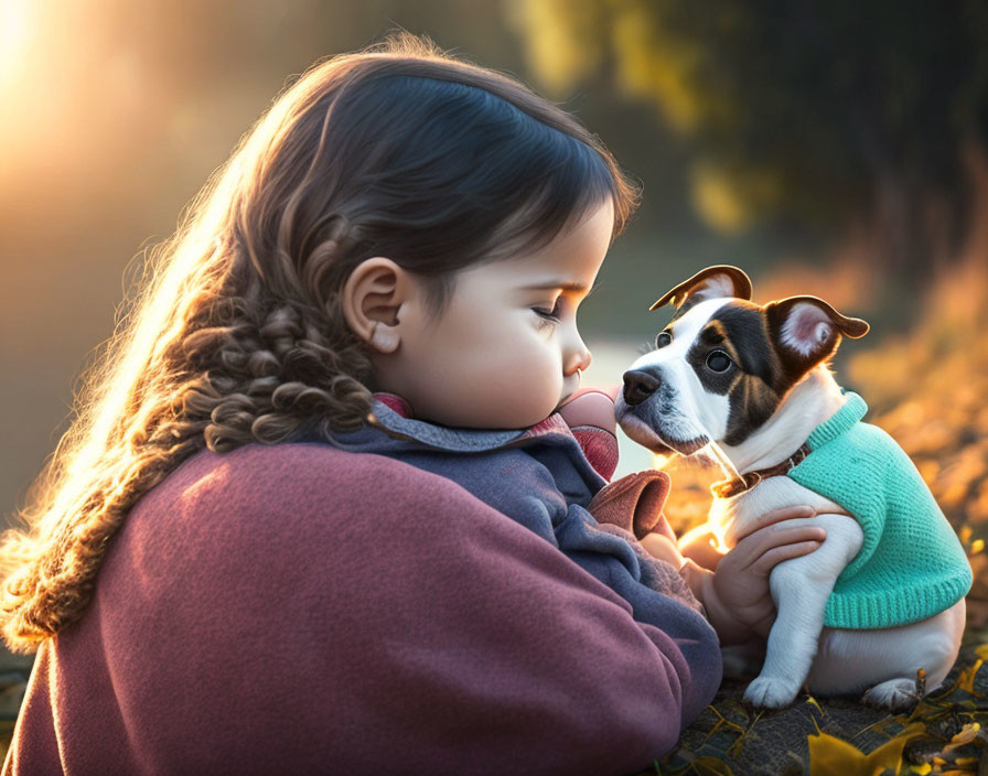 Young girl with braided hair holding small puppy in warm setting