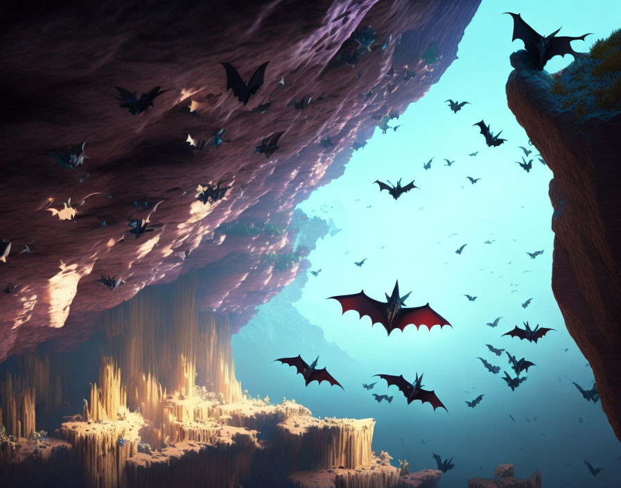 Surreal cave with stalactites, stalagmites, and bats against blue sky