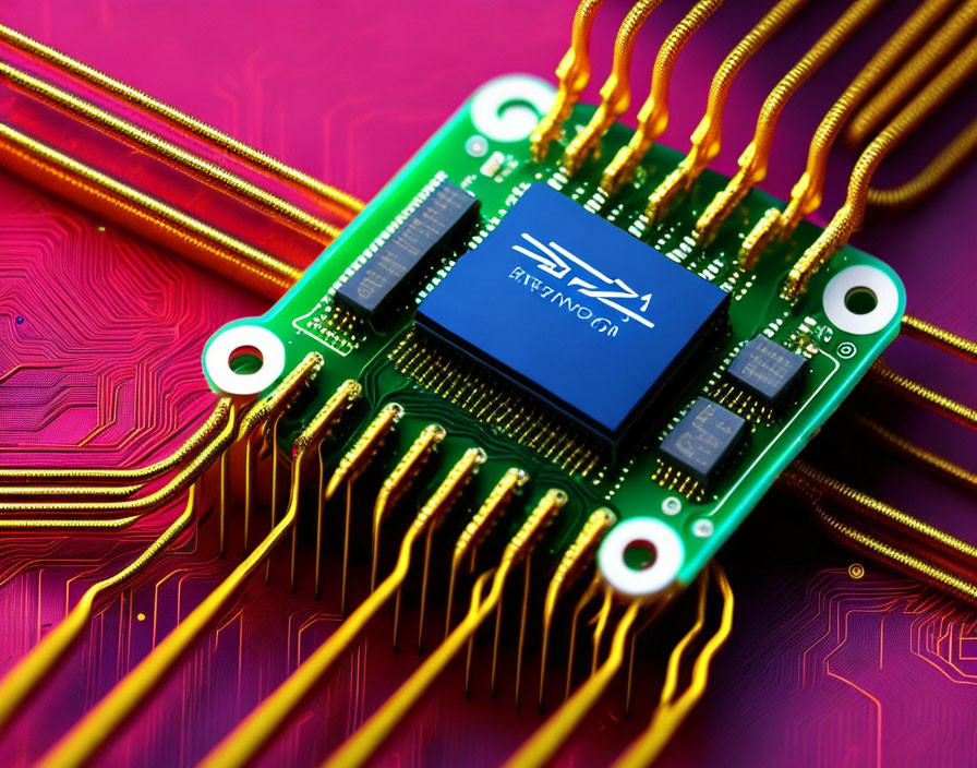 Green circuit board with CPU, gold pins, and traces on pink and purple background