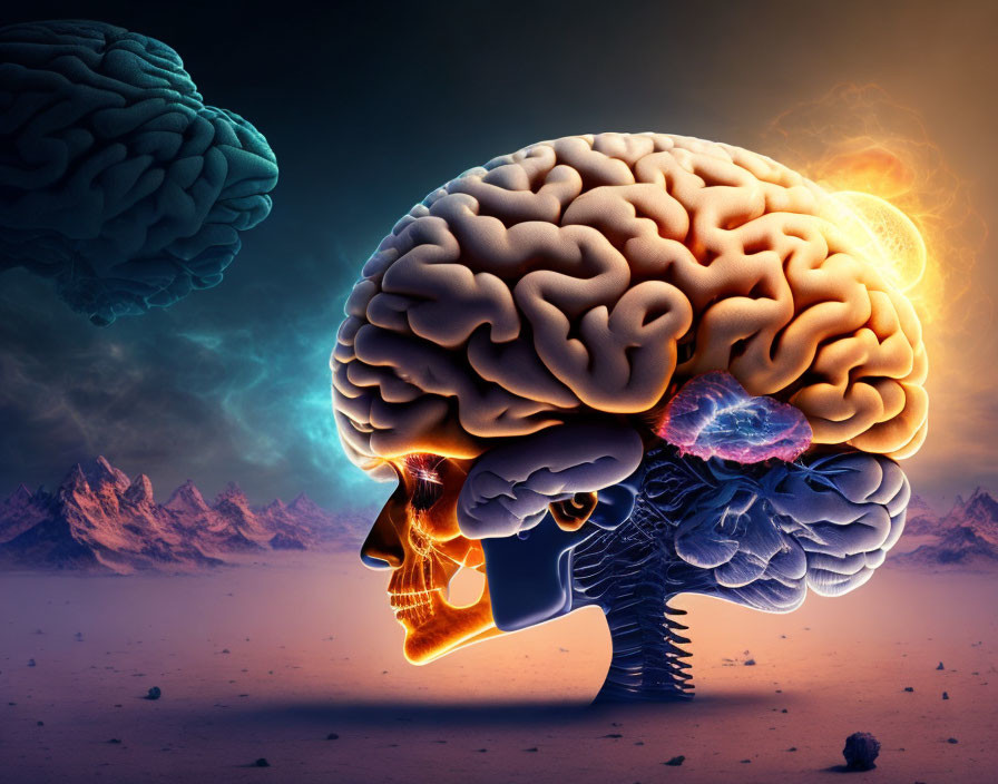 Cross-sectioned human brain in skull with brain-like cloud against mountainous landscape