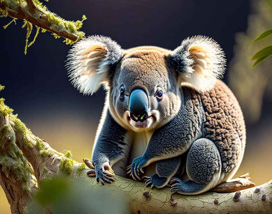 Koala clinging to tree branch with fuzzy texture, large ears, and distinctive nose.