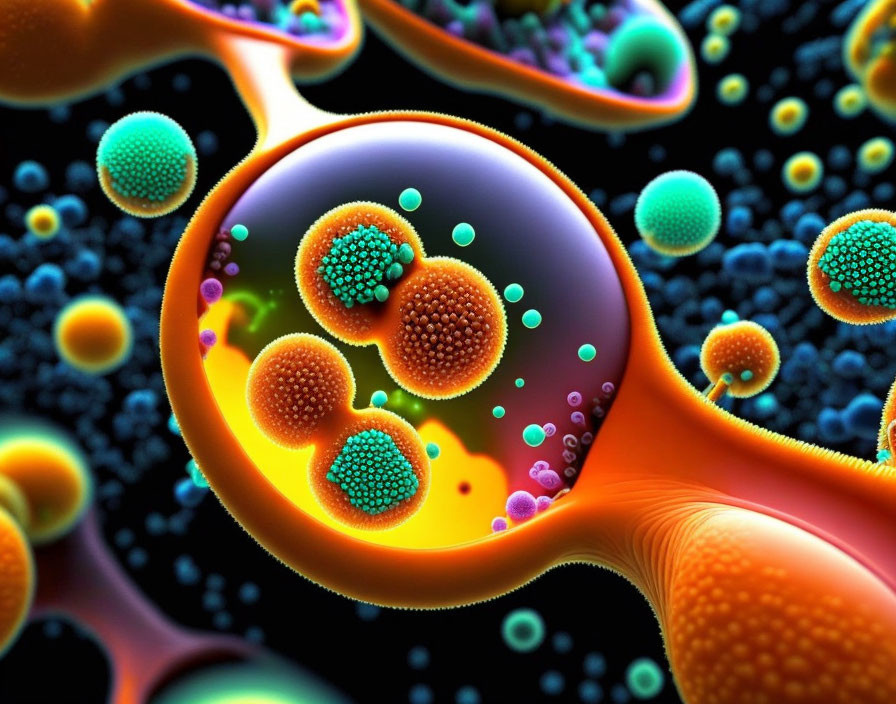 Vibrant illustration of spherical cellular structures with smaller particles inside